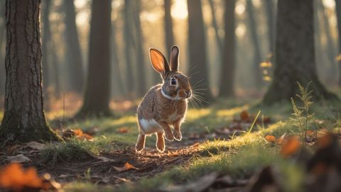 Wild cottontail rabbit hopping in sunlit forest underbrush
