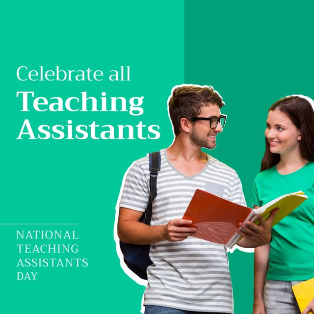 Composite of caucasian assistants discussing and celebrate all teaching assistants text, copy space. Together, national teaching assistants day, education, support, school, acknowledge, awareness.