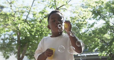 Young boy blowing soap bubbles in sunlit backyard playful summer moment