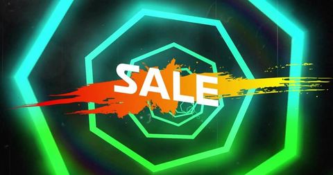Neon sale splash promoting discount with rotating hexagon tunnel and vibrant glow