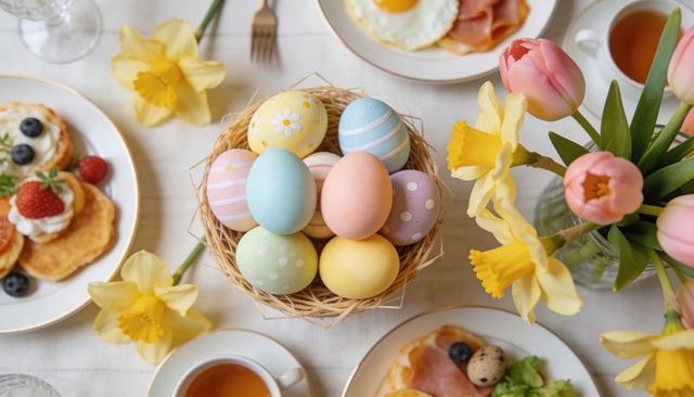 Pastel easter eggs in wicker basket on spring brunch table decor centerpiece daffodils tulips