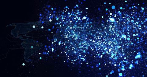 Futuristic data visualization with glowing data points and digital map