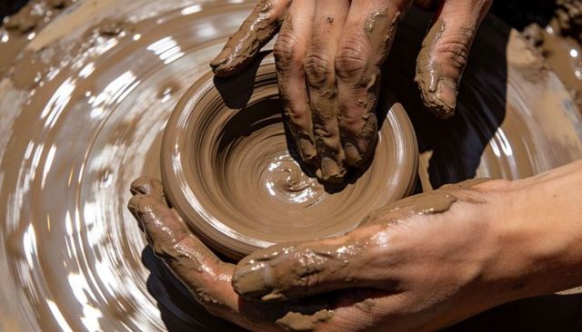 Potter hands shaping wet clay on spinning wheel forming shallow bowl close-up, artisan ceramics