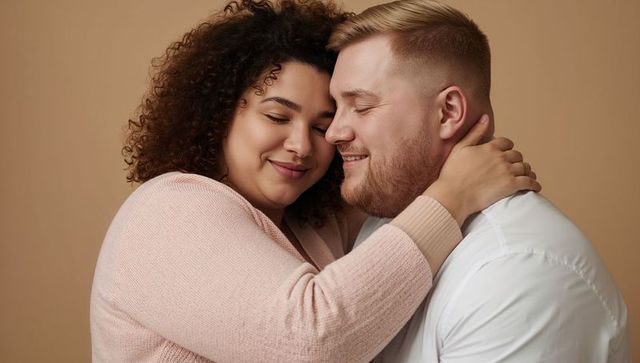 Couple embracing and leaning close, sharing tender smiles, soft pink knit sweater and white shirt