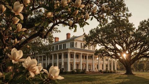 Grand Antebellum Mansion with Blooming Magnolias at Sunset
