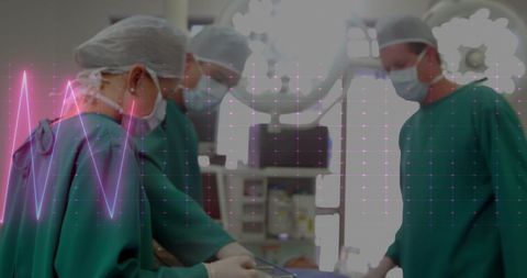 Surgeons performing complex procedure with heart monitor overlay