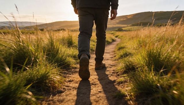 Hiker walking along sunlit meadow trail at golden hour, boots leaving long shadow