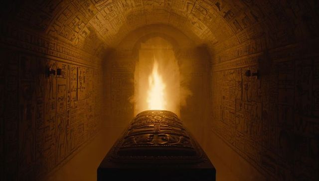 Burning gilded sarcophagus emitting towering flame inside carved vaulted egyptian tomb