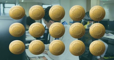 Office worker reading magazine with nft coin overlay grid representing crypto assets