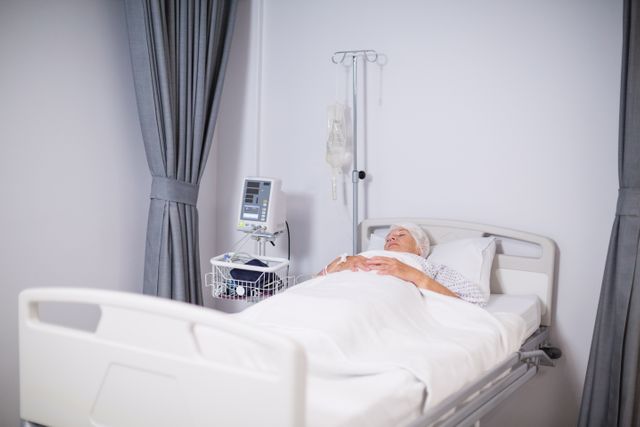 Senior woman patient sleeping on bed in hospital room