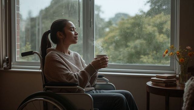 Woman in wheelchair enjoying steaming mug by rainy window, cozy contemplative morning at home