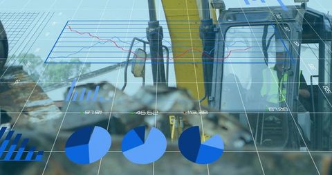Excavator operator analyzing digital telemetry overlay and charts during demolition worksite