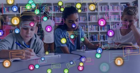 Teenagers studying in school library with digital chat overlays for edtech collaboration