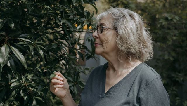 Senior woman examining leafy shrub in backyard garden with eyeglasses and calm expression