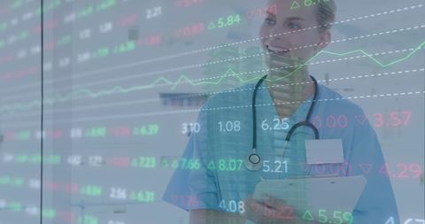 Female doctor and digital financial data interface