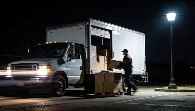 Night delivery worker loading boxes into box truck under streetlamp for logistics