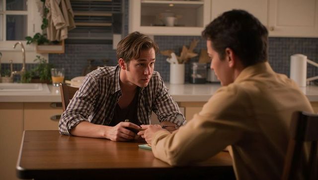 Intimate evening conversation between two men at kitchen table holding phone and notepad