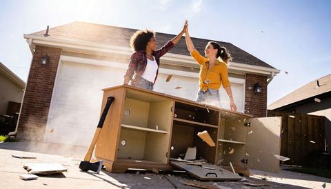 Friends high-fiving over smashed cabinet after diy demolition in sunny suburban driveway