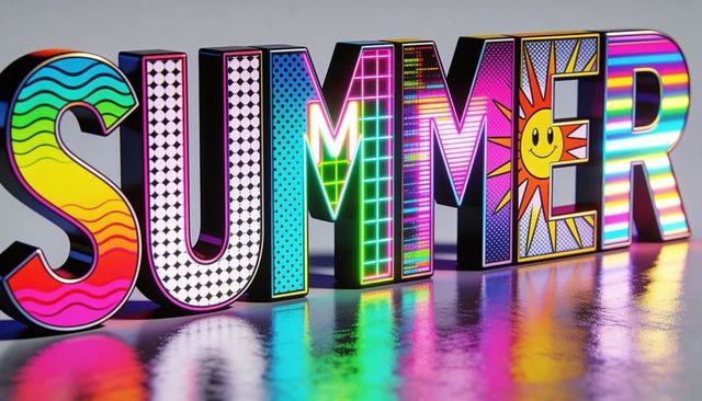 Vibrant 3d summer typography with neon lights, pop art patterns and reflective gloss floor