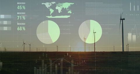 Wind farm data visualization at sunset, wind turbines showing analytics, renewable energy