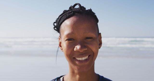 Happy Woman Smiling at Beach on Sunny Day - Download Free Stock Images Pikwizard.com