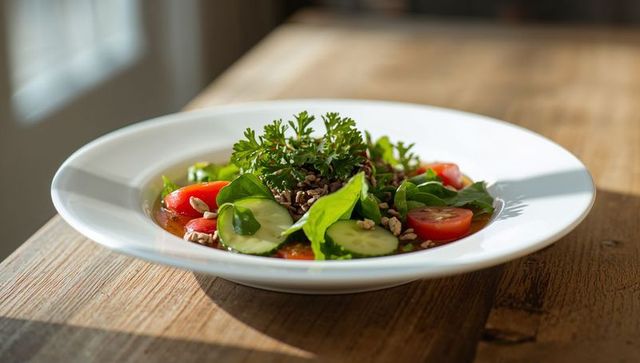 Sunlit fresh garden salad with cucumber, cherry tomato, greens and seeds on rustic wood