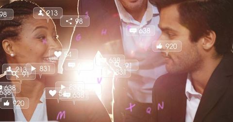 Smiling professionals networking with floating social media icons and lensflare