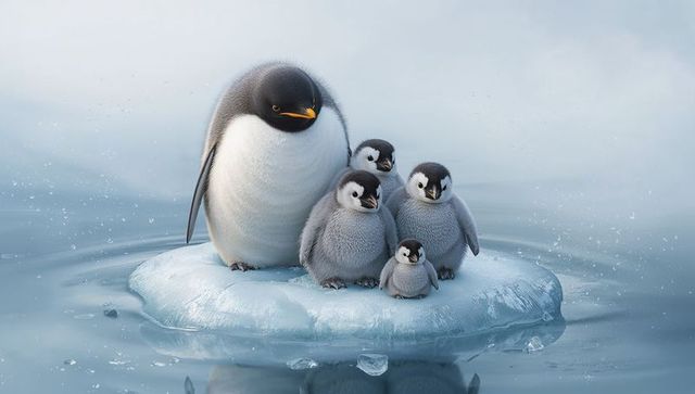 Emperor penguin family huddling on rounded ice floe in serene pale-blue polar waters
