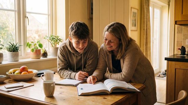 Mother helping teen with homework at kitchen table smiling together during study session
