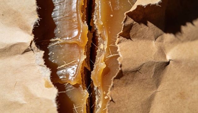 Kraft paper peeling revealing glossy amber resin column with fibrous texture macro