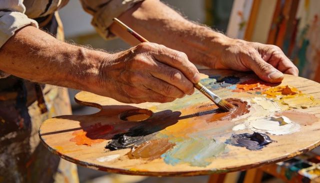 Senior artist mixing oil paints on wooden palette in sunlit studio close-up of hands