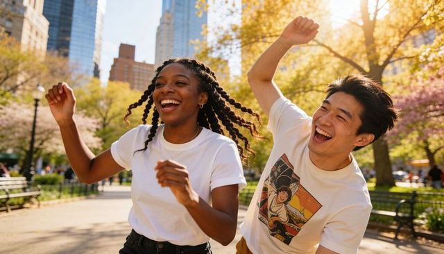 Joyful young couple laughing and raising arms while walking through sunny urban park