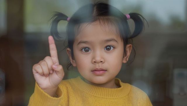 Young girl pressing finger on window glass, curious gaze, mustard sweater, pigtails, close-up reflec