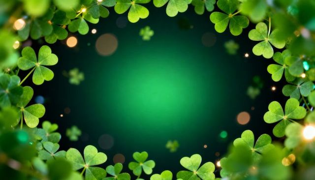 Shamrock wreath framing green gradient center with golden sparkles and bokeh lights