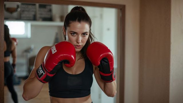 Determined female boxer raising guard in gym wearing red gloves and black sports bra