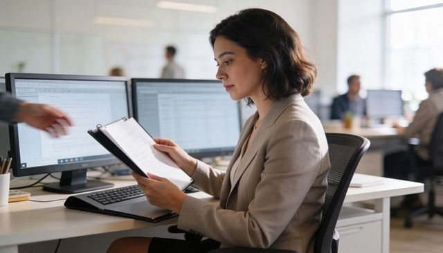 Businesswoman reviewing documents at dual-monitor desk in modern open office