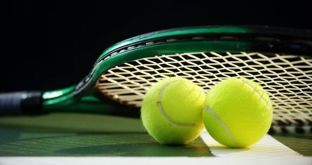 Close-up view of green tennis racket and two bright yellow tennis balls resting on court. Ideal for promoting sports equipment, illustrating articles on tennis, or enhancing athletic-themed designs. Suitable for sports magazines, exercise guides, or promotional materials for tennis leagues and events.