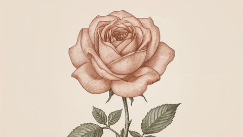 Elegant rose drawing botanical illustration on beige background