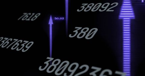 Futuristic financial data visualization with neon purple arrows and floating numbers