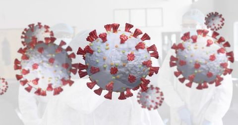 Floating sars-cov-2 particles above ppe-clad lab team in cleanroom, 3d render visualization