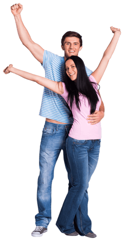 Joyful Couple with Uplifted Arms Transparent Background