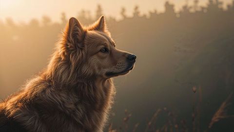 Majestic fluffy dog gazing at sunrise meandering meadow
