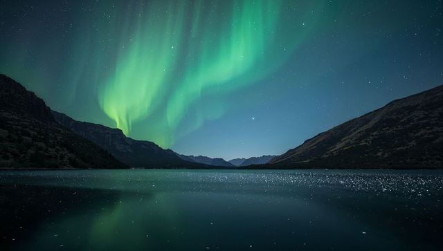 Glowing aurora borealis arching over mountain valley reflecting on glassy glacial lake