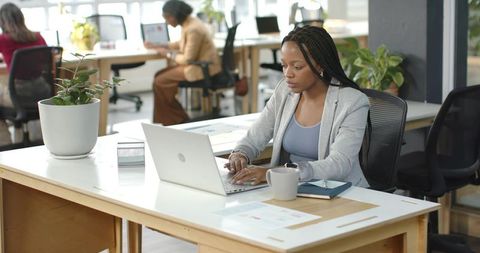 Focused diverse woman working on laptop in open-plan office with daylight and plants