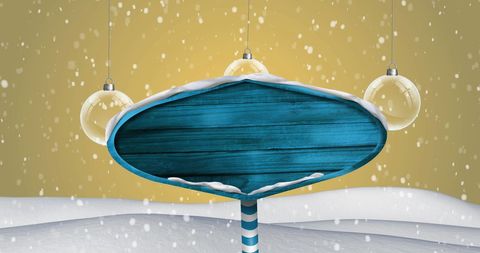 Blank Rustic Signpost with Christmas Baubles in Snowy Scene