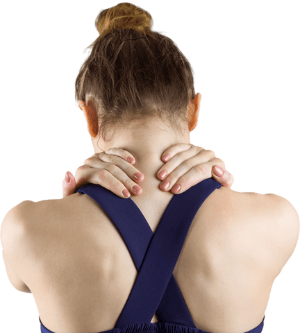 Transparent rear view of woman with neck pain in sports attire