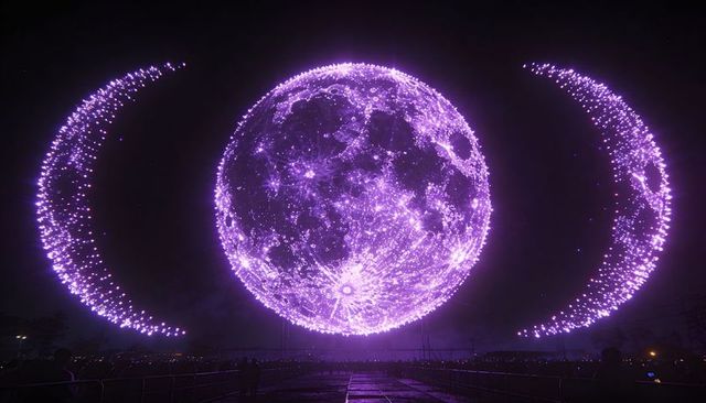 Glowing violet orb and crescent light installation floating above night crowd watching