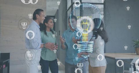 Workplace brainstorming with holographic lightbulb augmented reality team collaboration