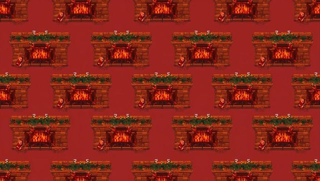 Repeating pixel fireplace pattern featuring garland and stockings on warm red backdrop