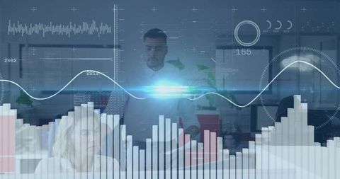 Analyzing collaborative team reviewing augmented reality data dashboards and graphs